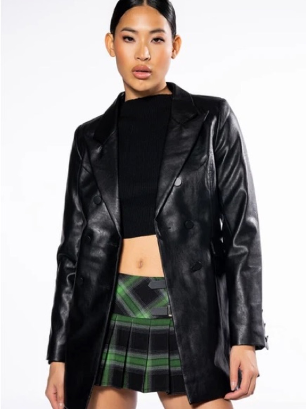 AKIRA Black Double-Breasted Faux Leather Blazer Jacket